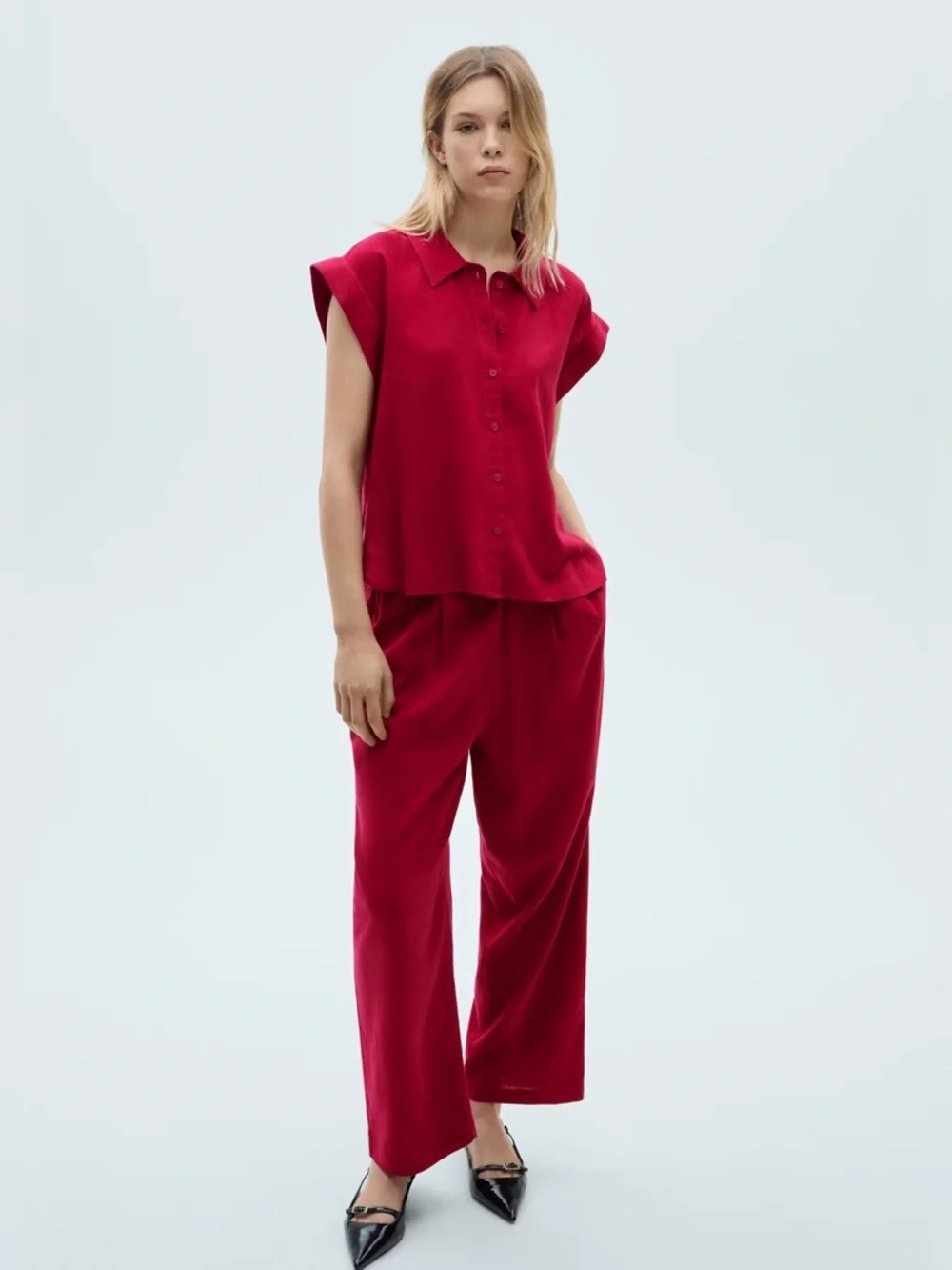 Mango Co-Ord Linen Set Flowy Pants and Blouse New